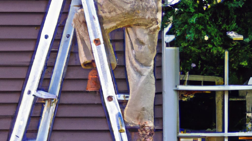 Man climbing ladder on Willington, Connecticut home to replace roof