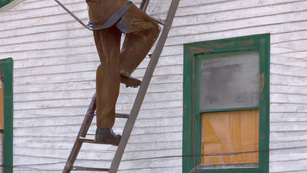 Man climbing ladder on Williston, North Dakota home to replace roof