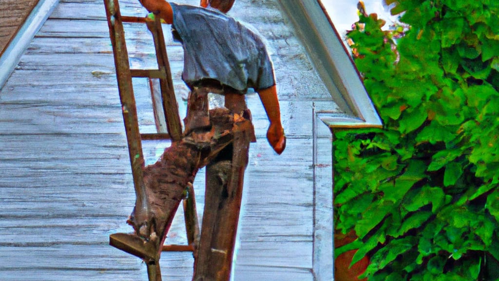 Man climbing ladder on Winfield, Kansas home to replace roof