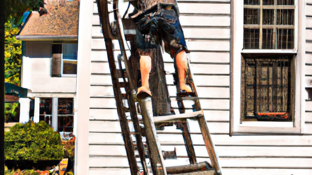 Man climbing ladder on Wolcott, Connecticut home to replace roof