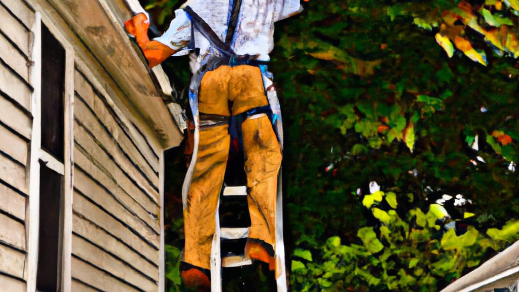 Man climbing ladder on Woodcliff Lake, New Jersey home to replace roof