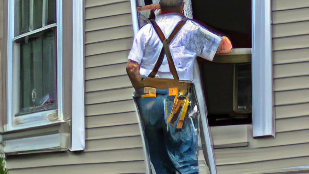Man climbing ladder on Worcester, Massachusetts home to replace roof