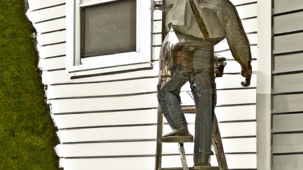 Man climbing ladder on Yorktown Heights, New York home to replace roof