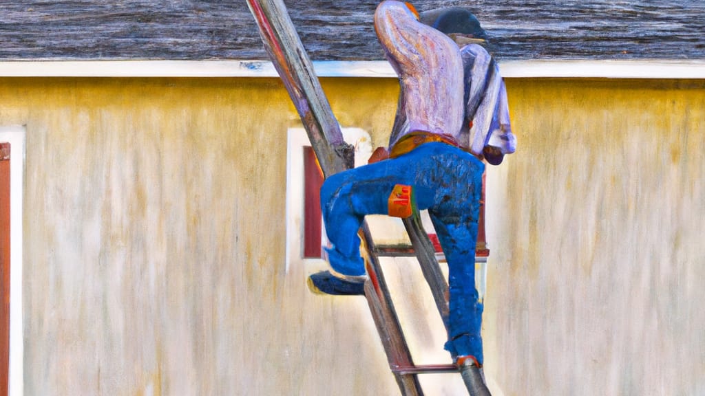 Man climbing ladder on Alviso, California home to replace roof