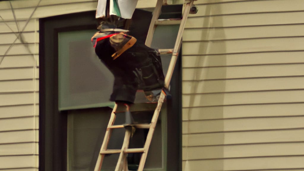 Man climbing ladder on Arcanum, Ohio home to replace roof
