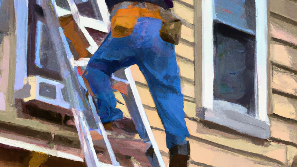 Man climbing ladder on Astoria, New York home to replace roof