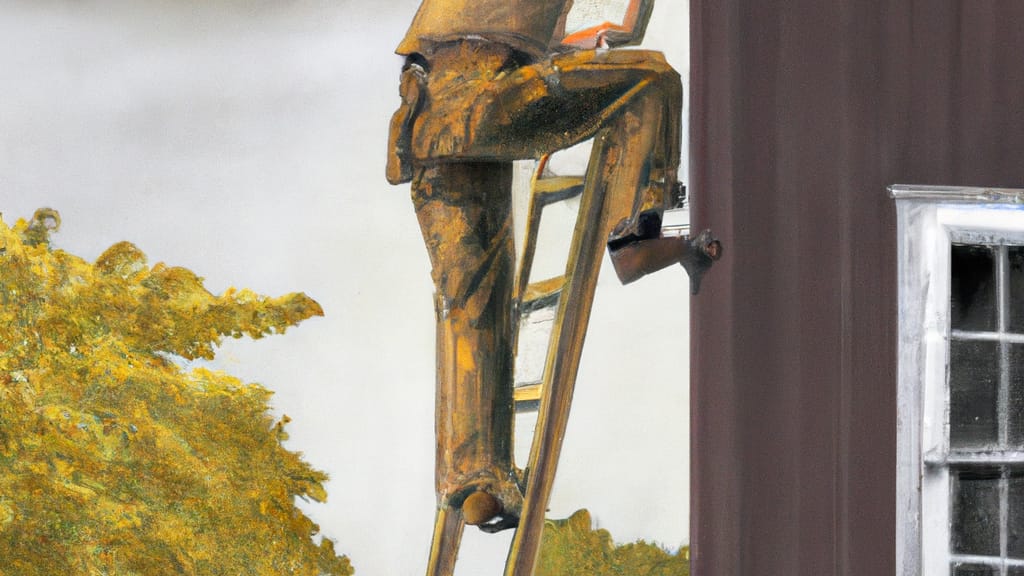 Man climbing ladder on Ballston Lake, New York home to replace roof