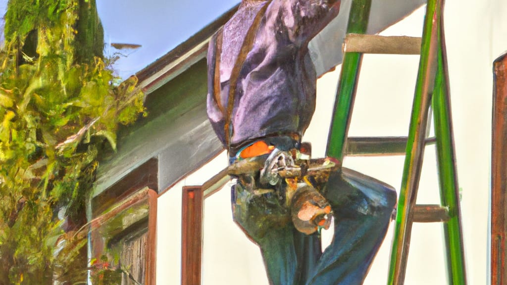 Man climbing ladder on Ben Lomond, California home to replace roof