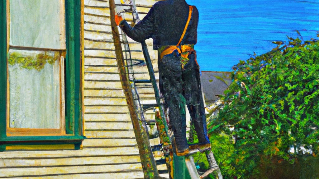 Man climbing ladder on Big Bend, Wisconsin home to replace roof