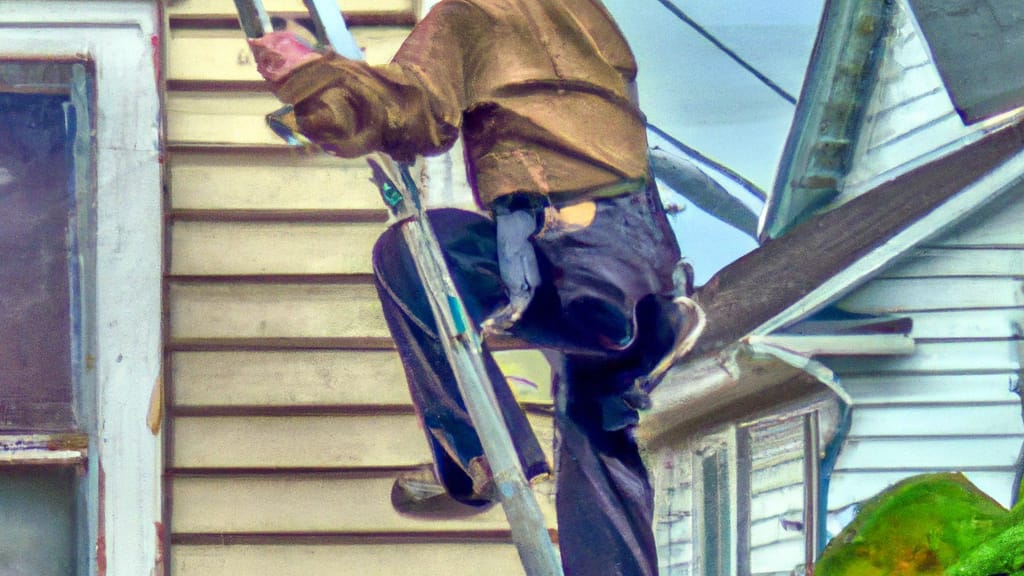 Man climbing ladder on Blakeslee, Pennsylvania home to replace roof