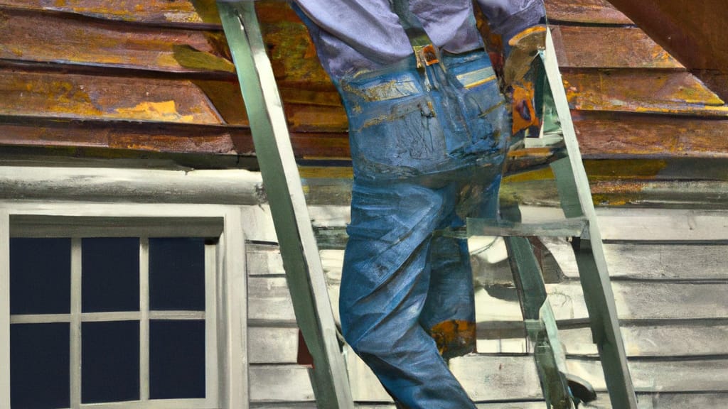 Man climbing ladder on Blue Ridge Summit, Pennsylvania home to replace roof