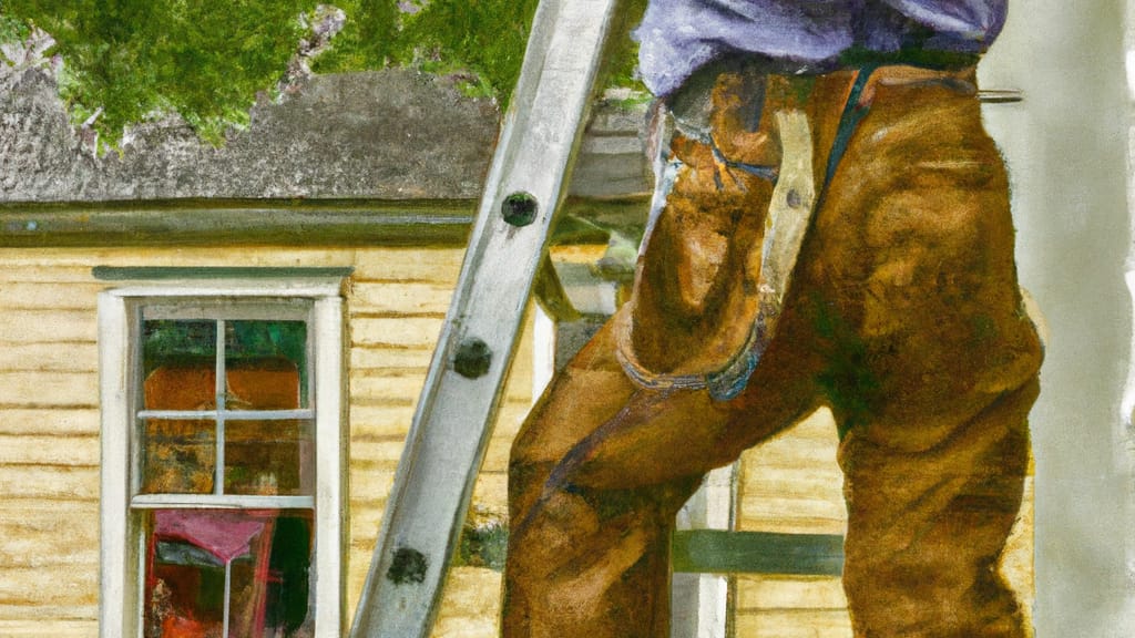 Man climbing ladder on Breinigsville, Pennsylvania home to replace roof