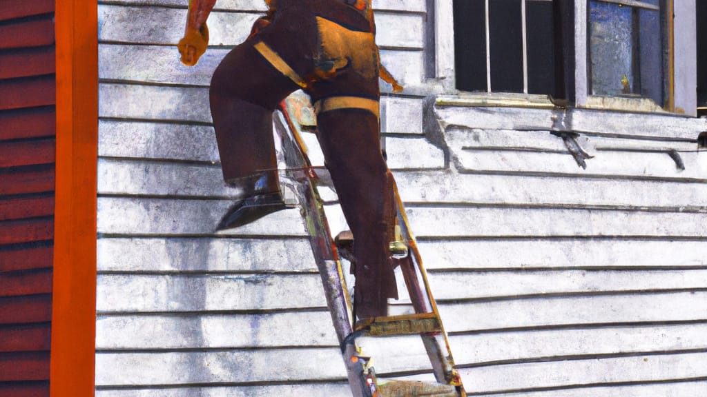 Man climbing ladder on Brewerton, New York home to replace roof