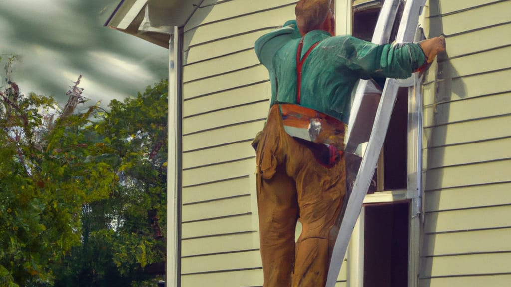Man climbing ladder on Butler, Wisconsin home to replace roof