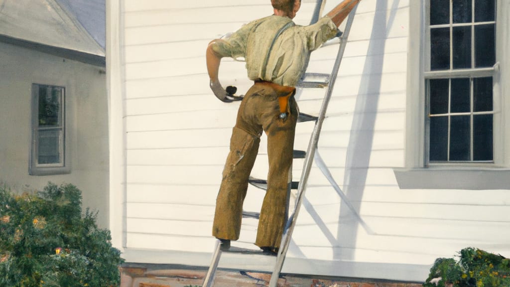 Man climbing ladder on Campbell Hall, New York home to replace roof