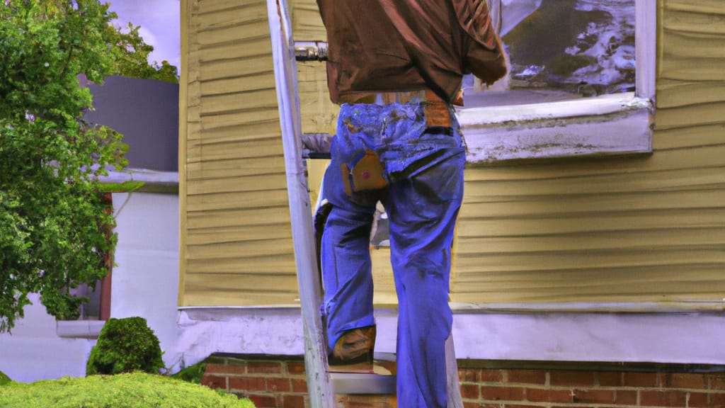 Man climbing ladder on Castile, New York home to replace roof