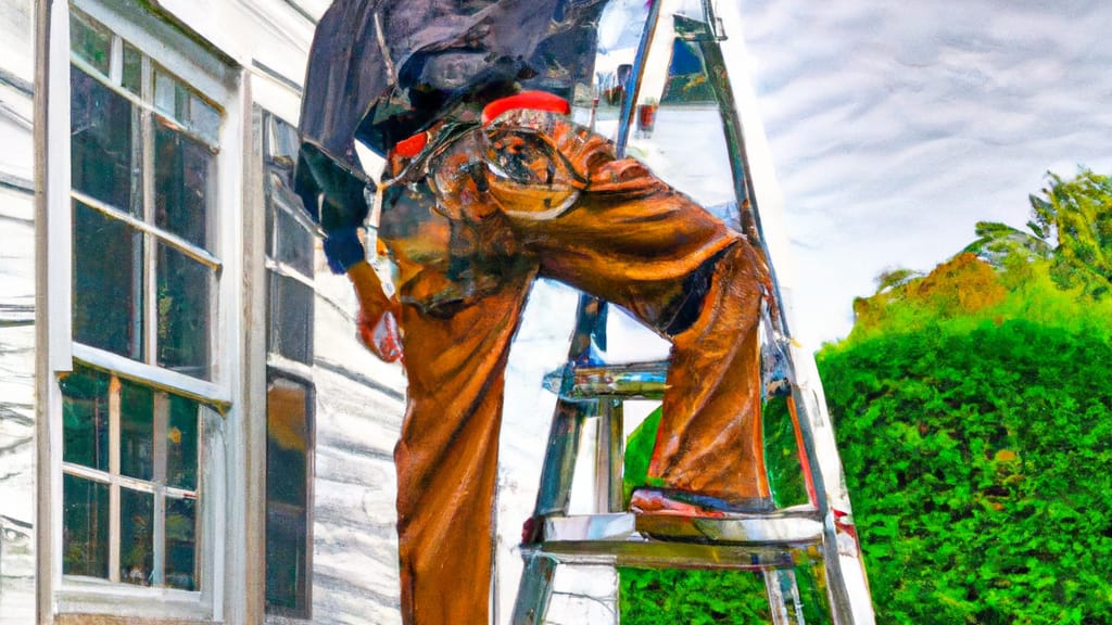 Man climbing ladder on Centreville, Maryland home to replace roof