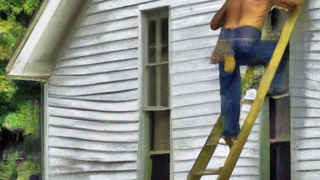 Man climbing ladder on Chapmanville, West Virginia home to replace roof