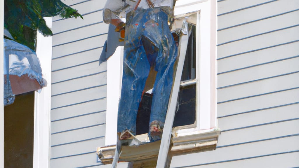 Man climbing ladder on Chesaning, Michigan home to replace roof