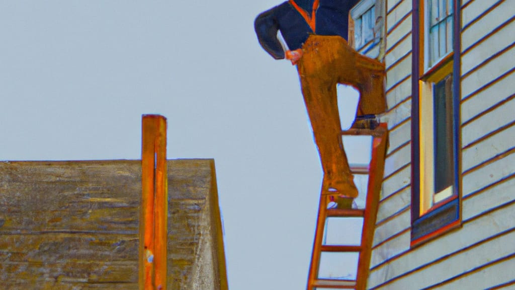 Man climbing ladder on Crescent City, California home to replace roof