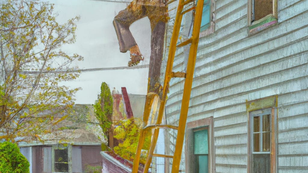 Man climbing ladder on Cross River, New York home to replace roof