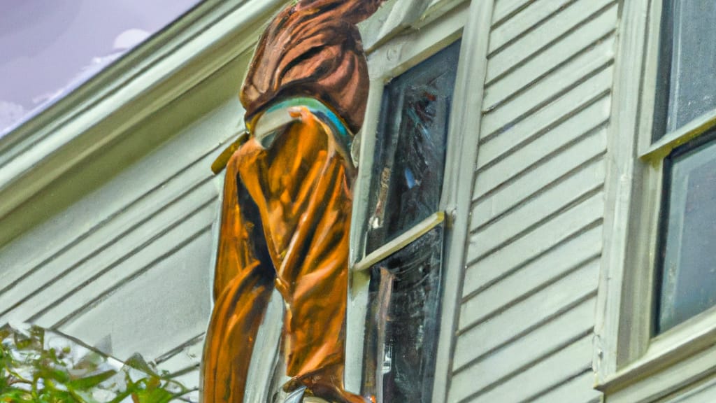 Man climbing ladder on Douglassville, Pennsylvania home to replace roof