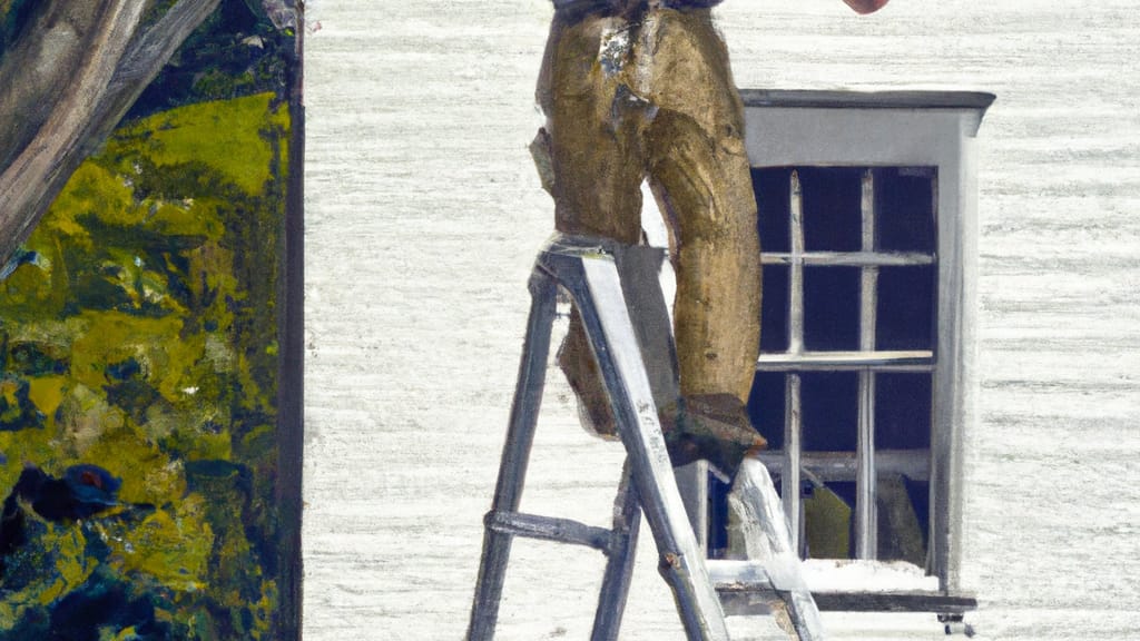 Man climbing ladder on East Hampton, New York home to replace roof