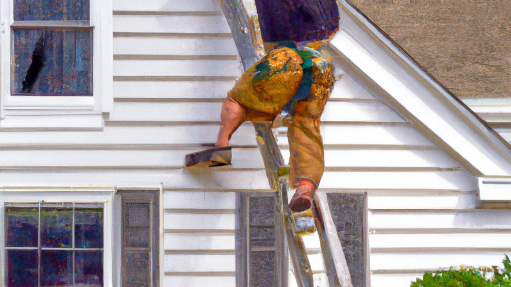 Man climbing ladder on Egg Harbor City, New Jersey home to replace roof
