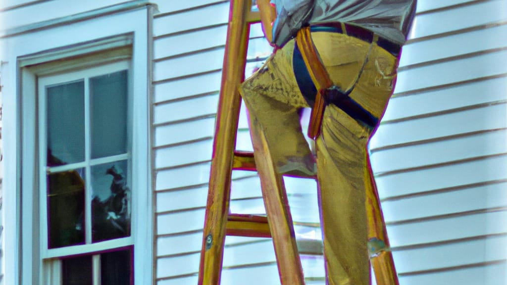 Man climbing ladder on Elkton, Virginia home to replace roof
