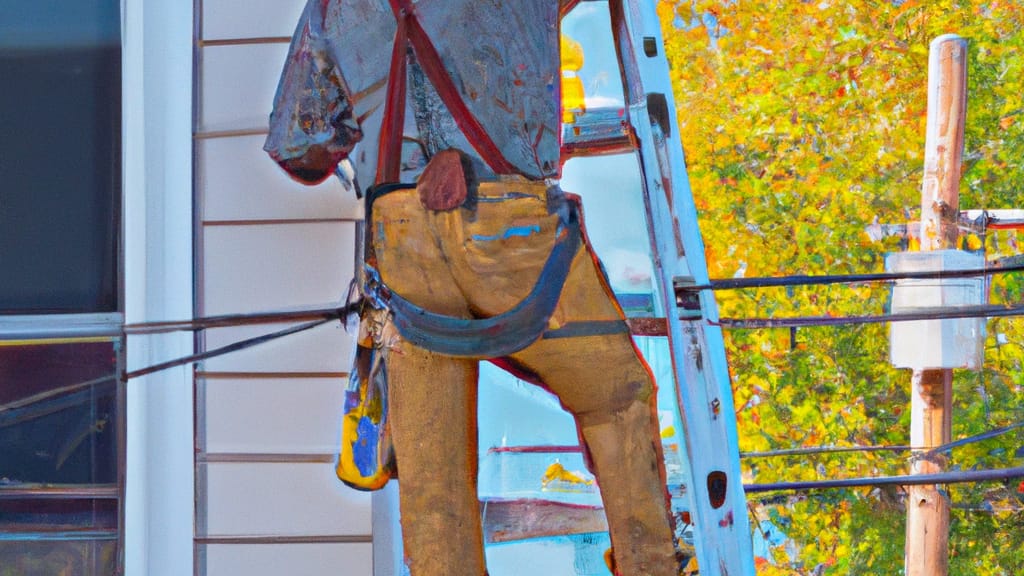 Man climbing ladder on Elmhurst, Illinois home to replace roof