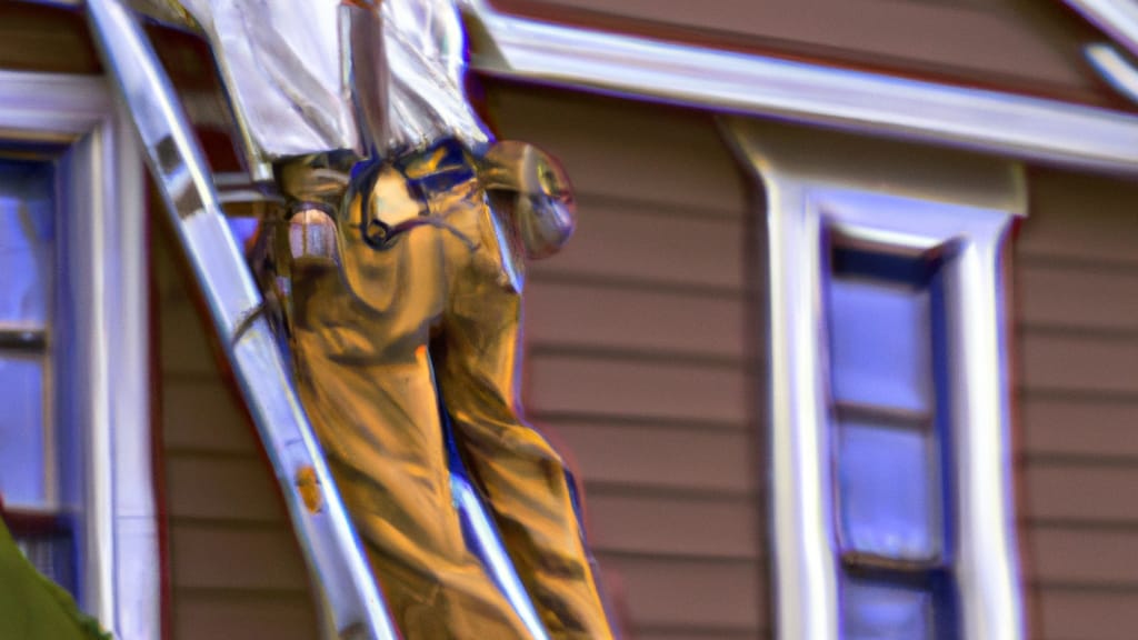 Man climbing ladder on Evansville, Wisconsin home to replace roof
