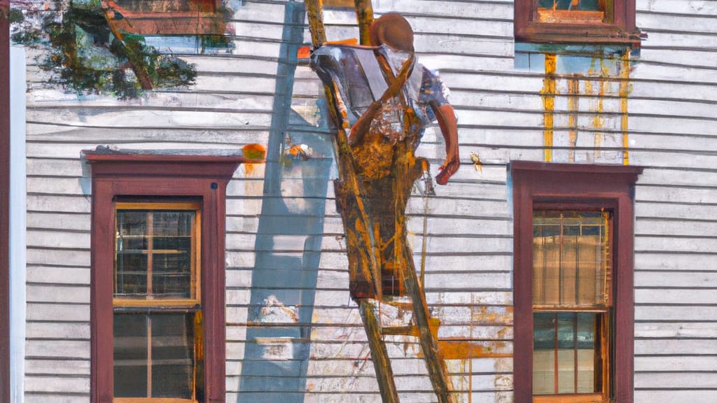 Man climbing ladder on Fort Plain, New York home to replace roof