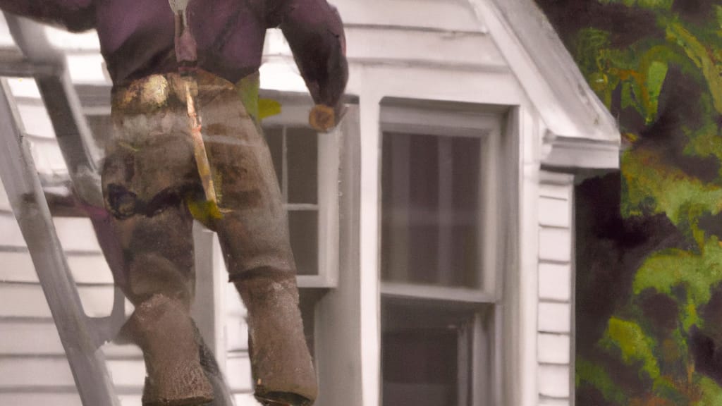 Man climbing ladder on Foxboro, Massachusetts home to replace roof