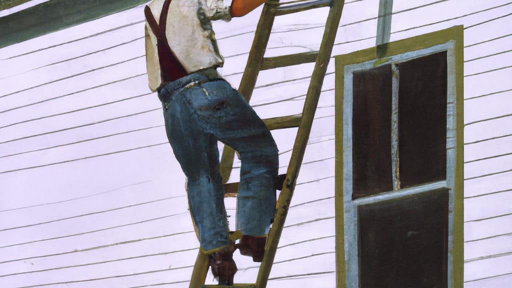 Man climbing ladder on Gibbon, Nebraska home to replace roof