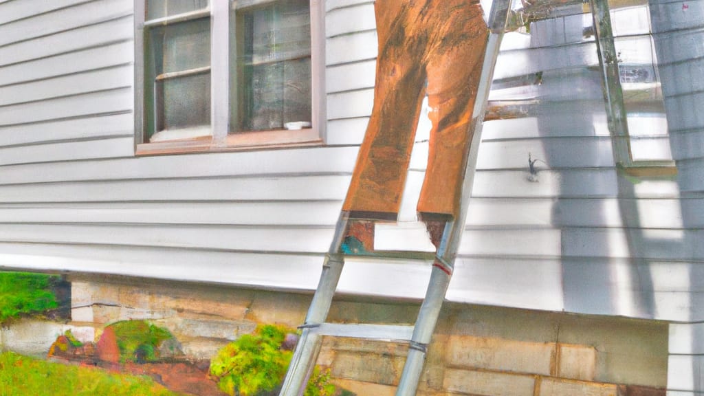 Man climbing ladder on Grabill, Indiana home to replace roof