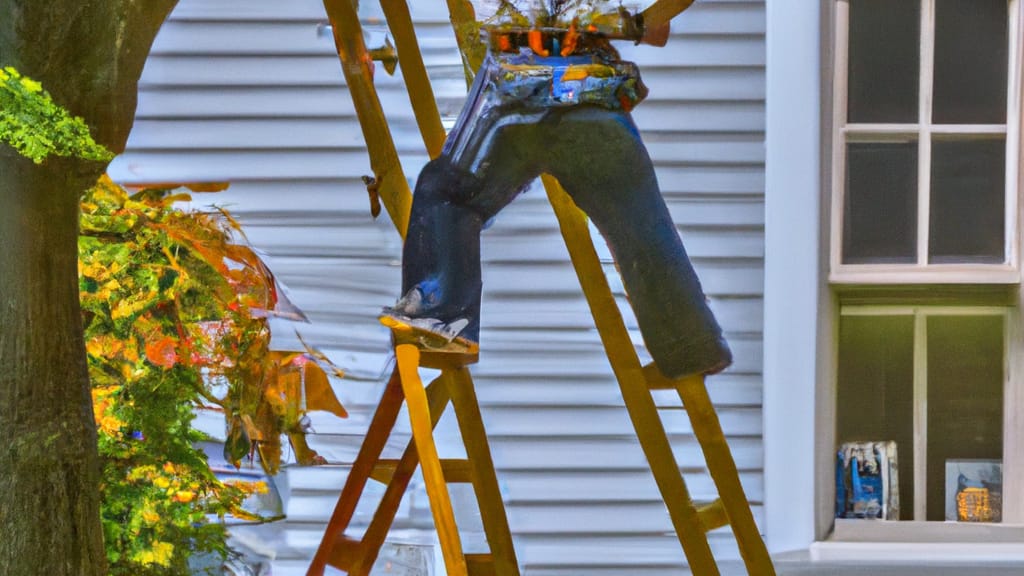 Man climbing ladder on Groton, Massachusetts home to replace roof