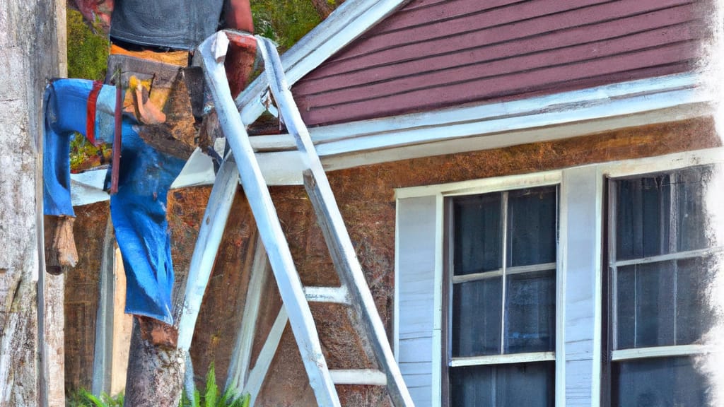Man climbing ladder on Hardeeville, South Carolina home to replace roof