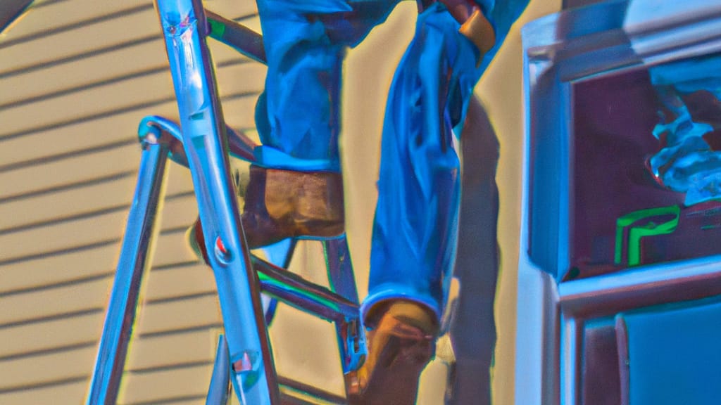 Man climbing ladder on Henderson, Minnesota home to replace roof