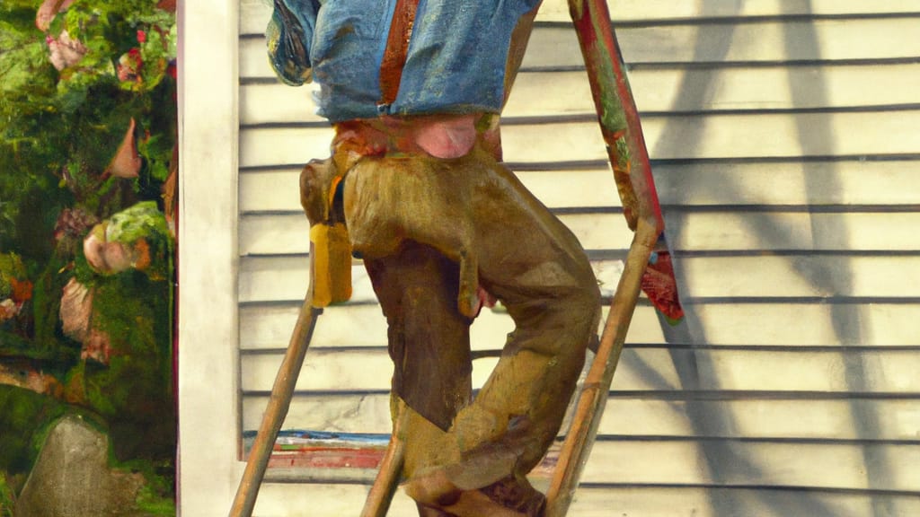 Man climbing ladder on Honey Grove, Pennsylvania home to replace roof