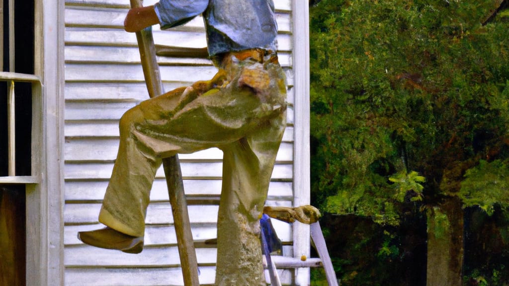 Man climbing ladder on House Springs, Missouri home to replace roof