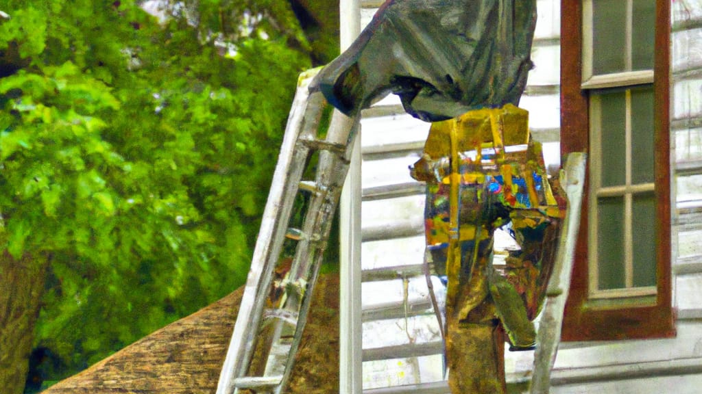 Man climbing ladder on Howard Lake, Minnesota home to replace roof