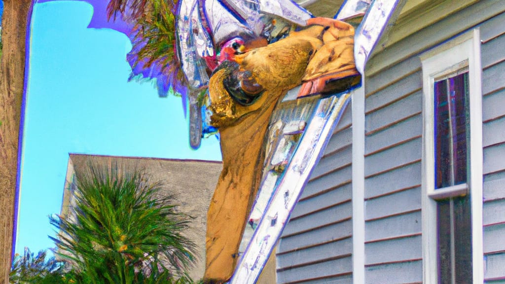 Man climbing ladder on Isle of Palms, South Carolina home to replace roof
