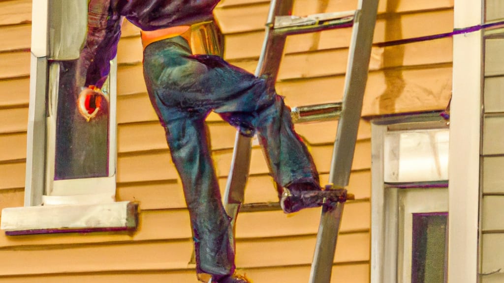 Man climbing ladder on Jessup, Pennsylvania home to replace roof
