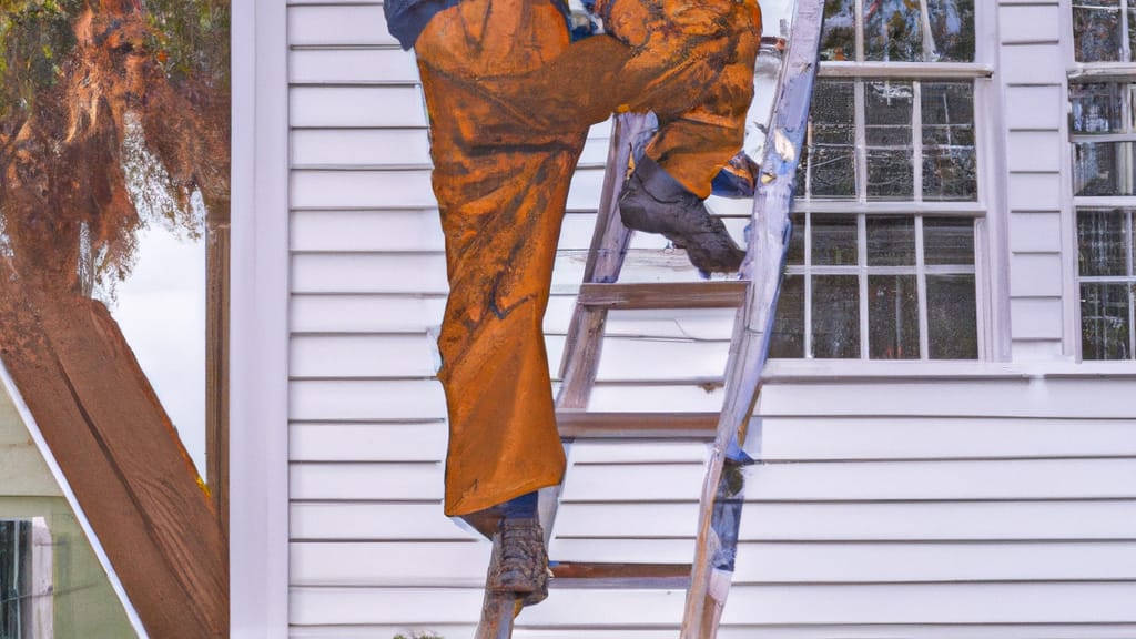 Man climbing ladder on Johns Island, South Carolina home to replace roof