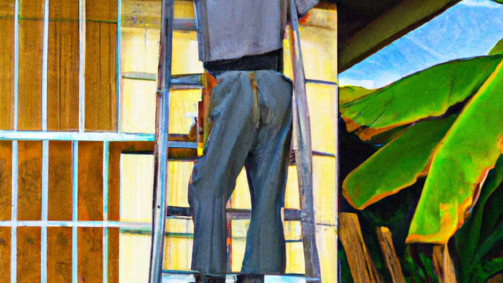 Man climbing ladder on Kalaheo, Hawaii home to replace roof