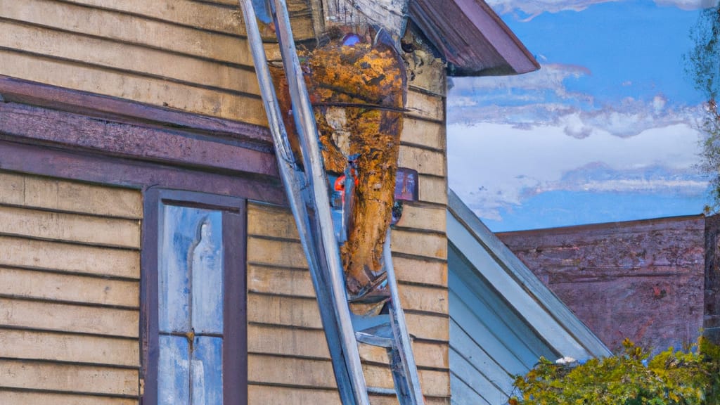 Man climbing ladder on Keshena, Wisconsin home to replace roof
