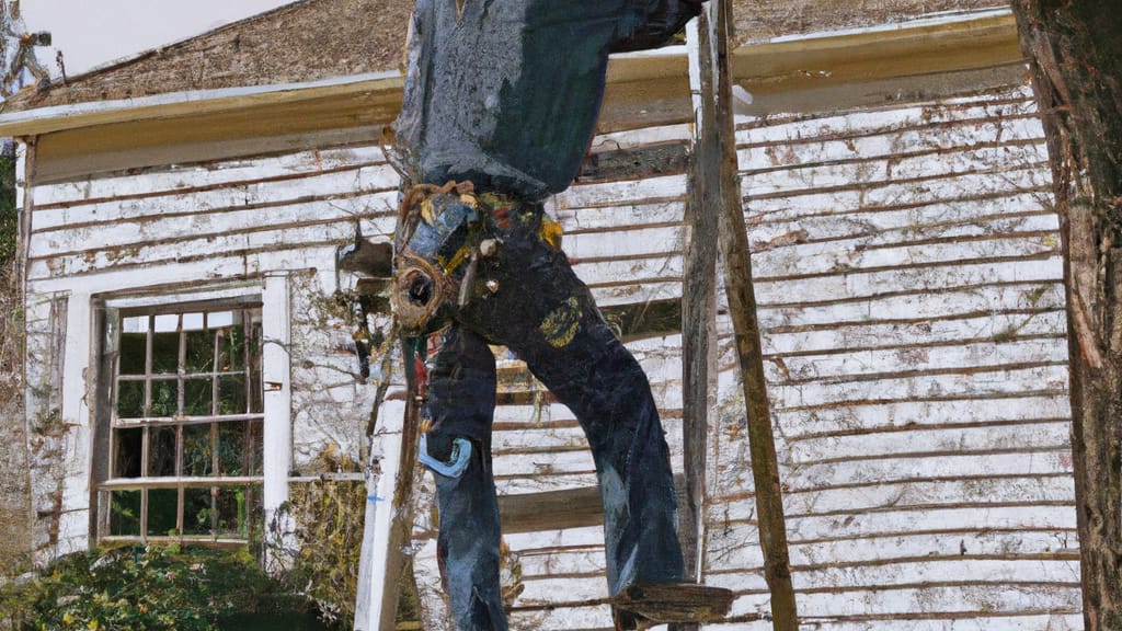 Man climbing ladder on Kirbyville, Texas home to replace roof