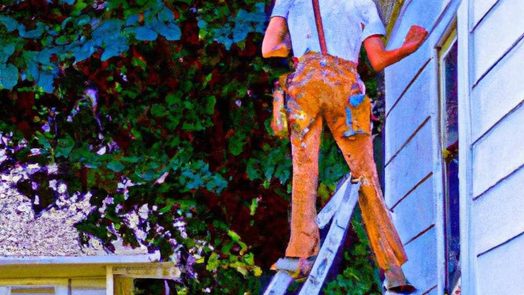 Man climbing ladder on Lake Orion, Michigan home to replace roof