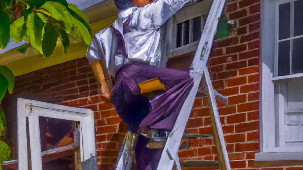 Man climbing ladder on Lake Peekskill, New York home to replace roof