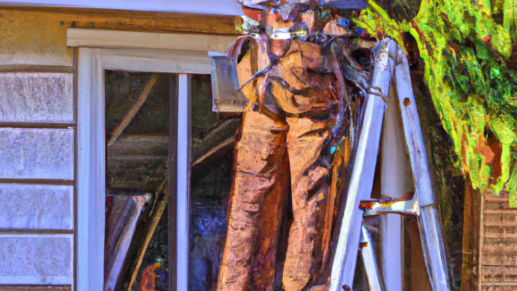 Man climbing ladder on Lake Tapps, Washington home to replace roof